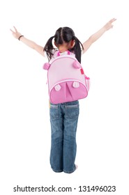 Full Body Rear View Asian Child Elementary Student With Schoolbag Arms Outstretched Standing Isolated On White Background.