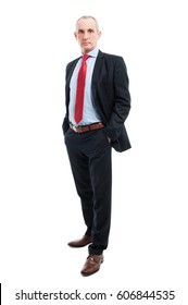 Full Body Senior Business Man Posing With Hands In Pockets Isolated On White Background