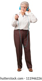 Full Body Senior Woman Happy And Fun, Listening To Music, Modern Headphones, Happy Feeling The Sound And Rhythm