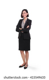 Full Body Shot Of Confident Asian Businesswoman Standing With Arms Folded, Isolated Over White Studio Background