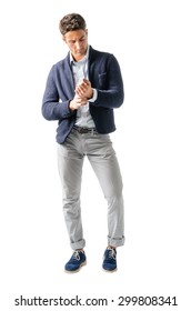 Full Body Shot Of Handsome Young Man With Shirt And Jacket, Isolated On White