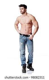 Full Body Shot Of A Handsome Young Man, Wearing Blue Jeans