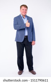 Full Body Shot Of Happy Overweight Businessman In Suit Giving Thumbs Up