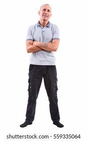 Full Body Shot Of Happy Senior Man Smiling With Arms Crossed Isolated Against White Background