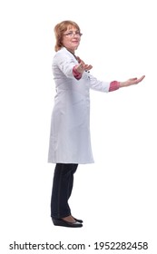 Full Body Shot Profile View Of Mature Woman Wearing Stethoscope And Uniform Doctor