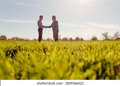 Full body side view of male farm owner and agronomist standing in middle of green grassy field and discussing professional issues in summer day in countryside - Powered by Shutterstock