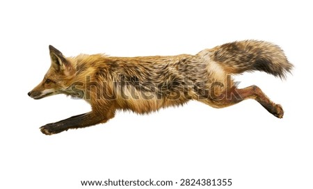 Full body side view of a red fox running fast