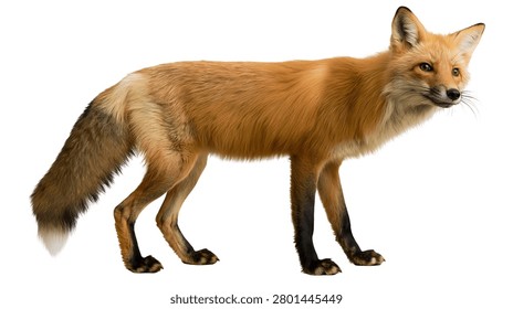 Full body side view of a standing red fox with bushy tail
