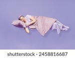 Full body side view young calm woman wear pyjamas jam sleep eye mask rest relax at home fly up hover over air fall down isolated on plain pastel light purple background. Good mood night nap concept