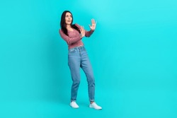 Full Body Size Cadre Of Young Unhappy Angry Woman Hands Show Stop Symbol Scared Nervous Panic Stop Bad News Isolated On Cyan Color Background