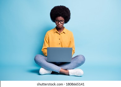 Full body size photo of black skin big volume hairstyle woman sit floor hold netbook serious calm comfort work freelance project wear specs jeans yellow shirt isolated blue color background