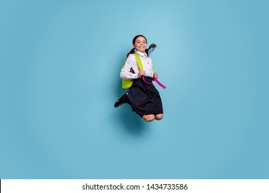 Full Body Size Photo Of Crazy School Lady Jump High Classroom See Friends Glad Wear White Shirt Isolated Blue Background