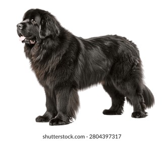 Full Body Solid Black Newfoundland Dog Standing Side Profile, Giant Water Rescue Breed Isolated on White Background