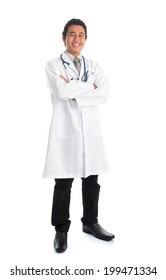 Full Body Of Southeast Asian Male Medical Doctor Smiling, Standing Isolated On White Background. Young Man Model.