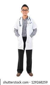 Full Body Southeast Asian Medical Doctor. Male Medical Doctor Standing On White Background With Confident Smile.