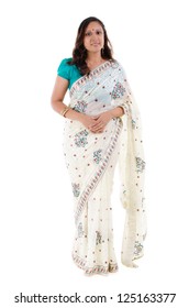 Full Body Traditional Indian Woman In Sari Costume Standing Isolated On White Background