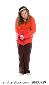 A Full Body View Of A Preteen Girl Holding Her Stomach Because Of Diarrhea, Isolated Against A White Background