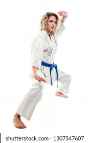 Full Body Of Woman Making Martial Arts Pose Wearing White Outfit Isolated On White Background With Copy Space Advertising Area