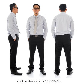 Full Body Young Asian Businessman In Different Angle, Front, Side And Rear View. Standing Isolated On White Background