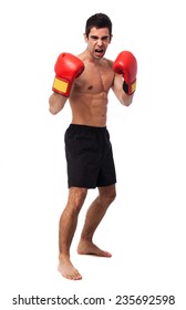 Full Body Young Boxer Man Over White