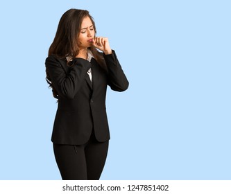 Full Body Young Busines Woman Coughing, Sick Due A Virus Or Infection