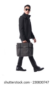 Full Body Young Business Man Holding A Laptop Bag Walking 