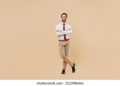 Full Body Young Confident Smiling Successful Employee Business Man Corporate Lawyer 20s Wear White Shirt Red Tie Glasses Work In Office Look Camera Isolated On Plain Beige Background Studio Portrait