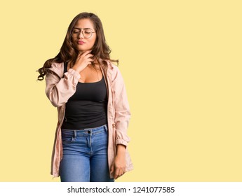 Full Body Young Curvy Woman Coughing, Sick Due A Virus Or Infection