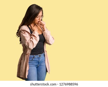 Full Body Young Curvy Woman Coughing, Sick Due A Virus Or Infection