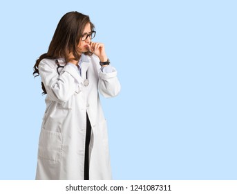 Full Body Young Doctor Woman Coughing, Sick Due A Virus Or Infection