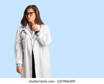 Full Body Young Doctor Woman Coughing, Sick Due A Virus Or Infection