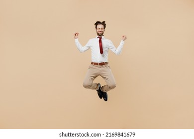 Full Body Young Employee Business Man Corporate Lawyer In White Shirt Red Tie Glasses Work In Office Hold Spread Hand In Yoga Om Aum Gesture Relax Meditate Calm Down Isolated On Plain Beige Background