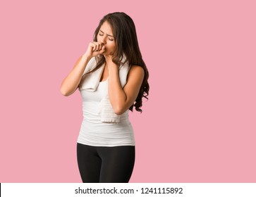 Full Body Young Fitness Curvy Woman Coughing, Sick Due A Virus Or Infection