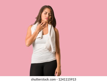 Full Body Young Fitness Curvy Woman Coughing, Sick Due A Virus Or Infection