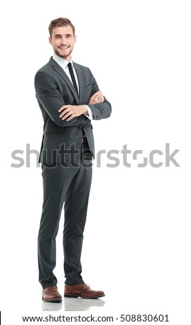 Full body of young handsome business man isolated on white background