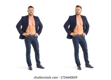 Full Body Young Handsome Sexy Man Isolated On White Background. Male Naked Torso. Two Figures Of The Same Model. 