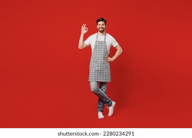 Full body young housewife satisfied positive bachelor male housekeeper chef cook baker man wearing grey apron show ok okay gesture isolated on plain red color background studio. Cooking food concept - Powered by Shutterstock