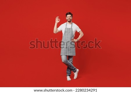 Full body young housewife satisfied positive bachelor male housekeeper chef cook baker man wearing grey apron show ok okay gesture isolated on plain red color background studio. Cooking food concept