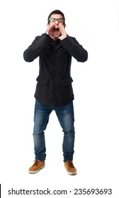 Full Body Young Man Shouting Over A White Background