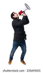 Full Body Young Man Shouting With Megaphone