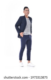 Full Body Young Man Wear Suit With,blue Jeans ,Male Fashion Style.

