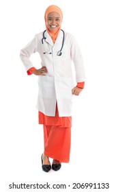 Full Body Young Muslim Female Doctor Portrait, Standing Isolated On White Background.