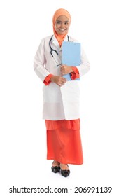 Full Body Young Muslim Female Doctor Portrait, Holding File Folder Standing Isolated On White Background.