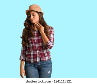 Full Body Young Traveler Curvy Woman Coughing, Sick Due A Virus Or Infection