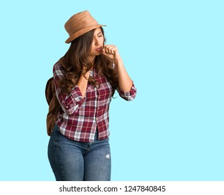 Full Body Young Traveler Curvy Woman Coughing, Sick Due A Virus Or Infection