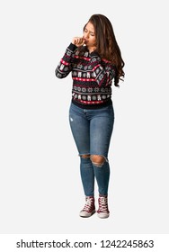 Full Body Young Woman Wearing A Christmas Jersey Coughing, Sick Due A Virus Or Infection