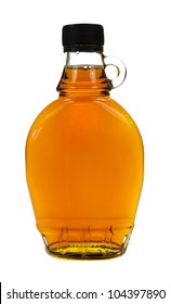 A full bottle of real maple syrup on a white background.