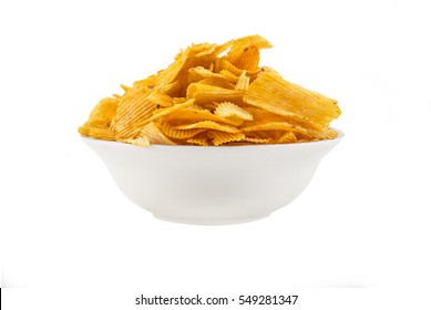 full bowl of crisp chips on a white background