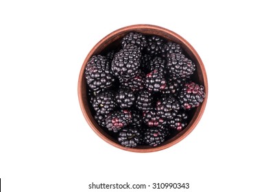 Full Bowl Of Fresh Blackberries Isolated On White Background Top View