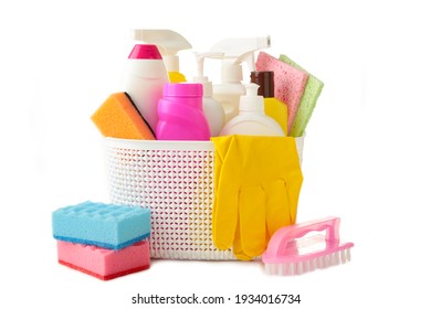 Full Box Of Cleaning Supplies And Gloves Isolated On White Background. Top View